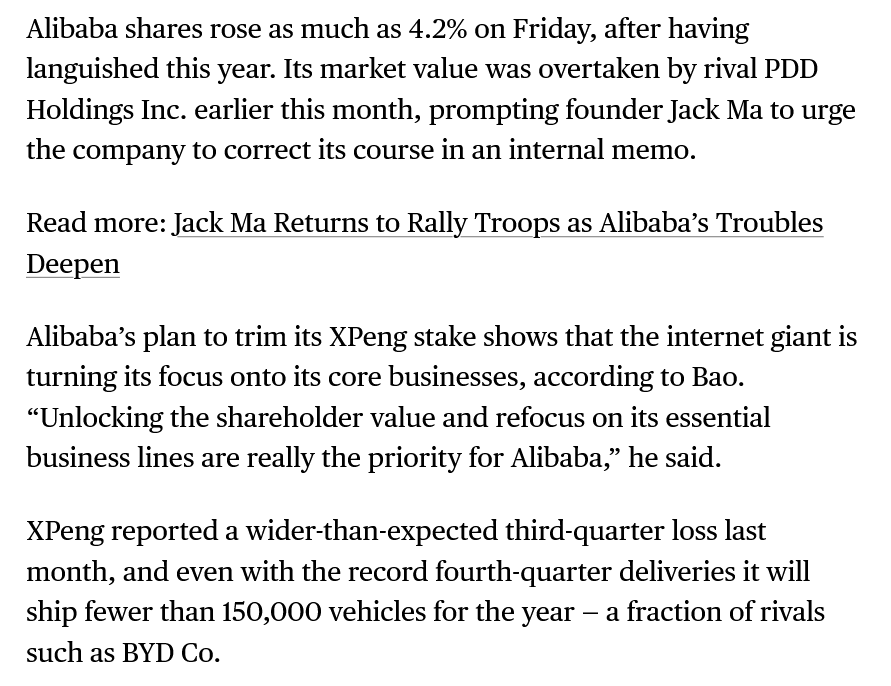 Chinese EV Maker XPeng Plunges After Alibaba Plans Stake Sale