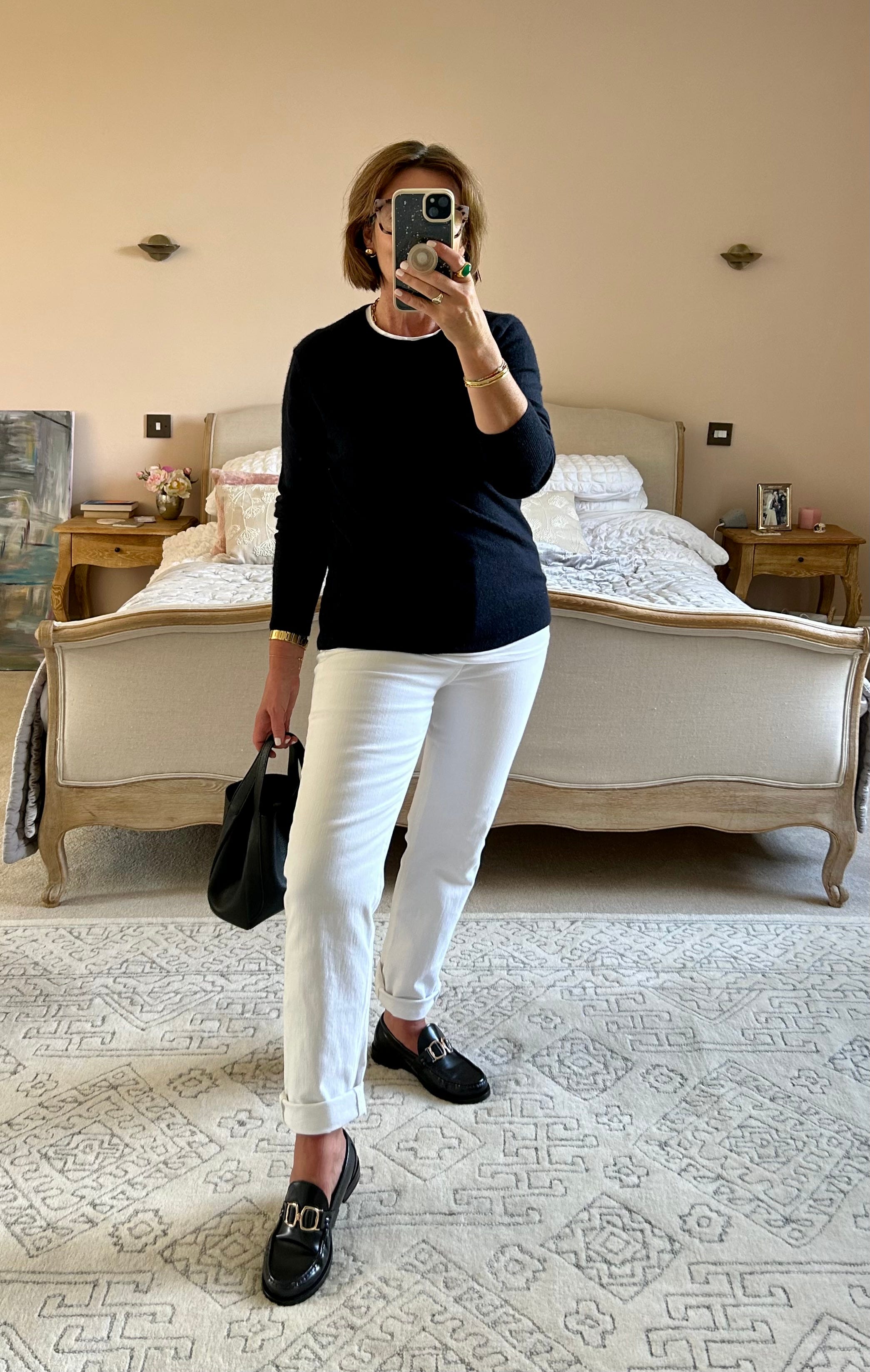 White jeans black blazer clearance