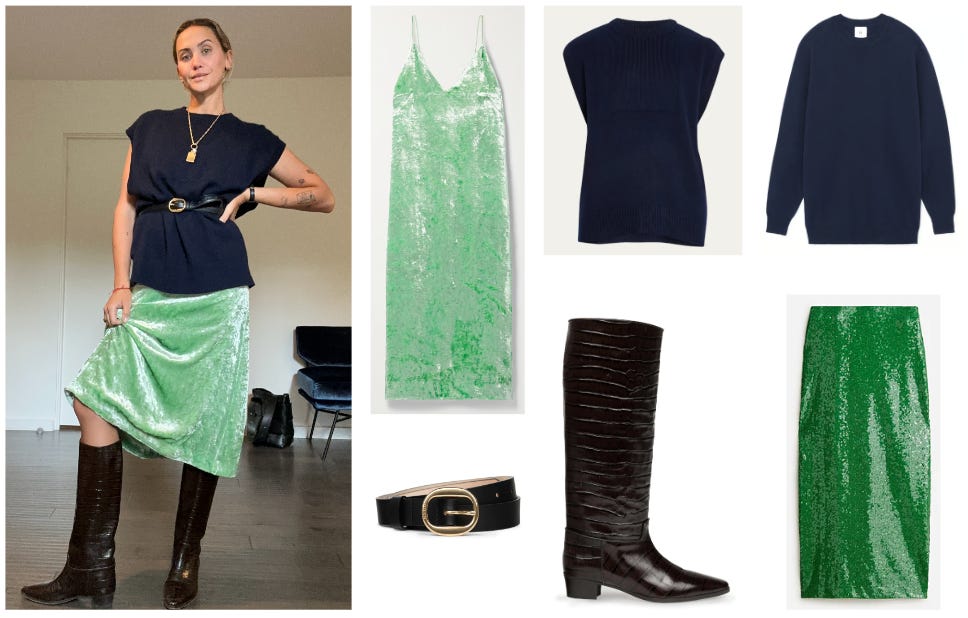 Green sequin skirt outfit ideas hot sale