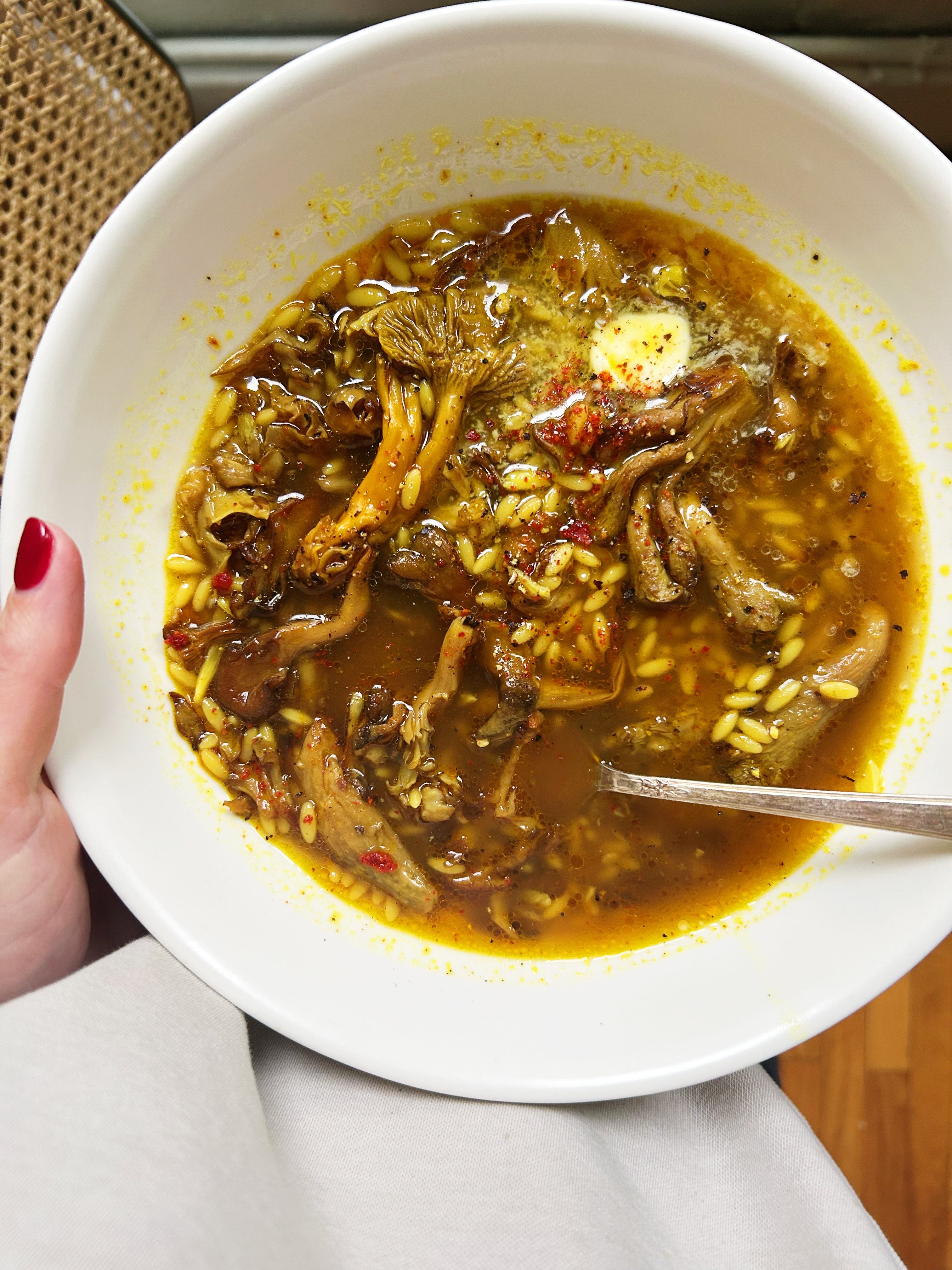 Golden Mushroom Soup with Buttered Orzo by Alison Roman