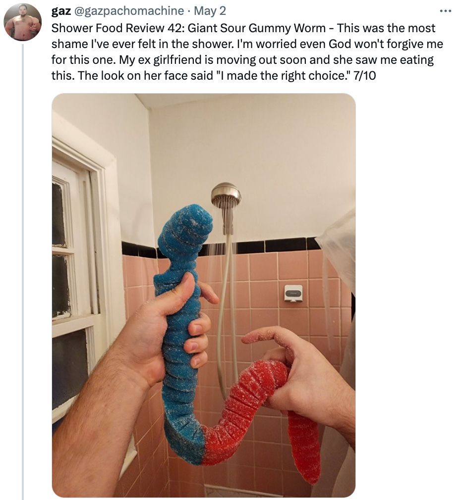 The man who gets paid to eat food in the shower restored my faith in