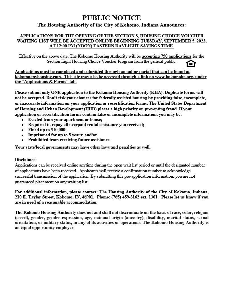 Kokomo Housing Authority to accept applications for vouchers Sept. 5