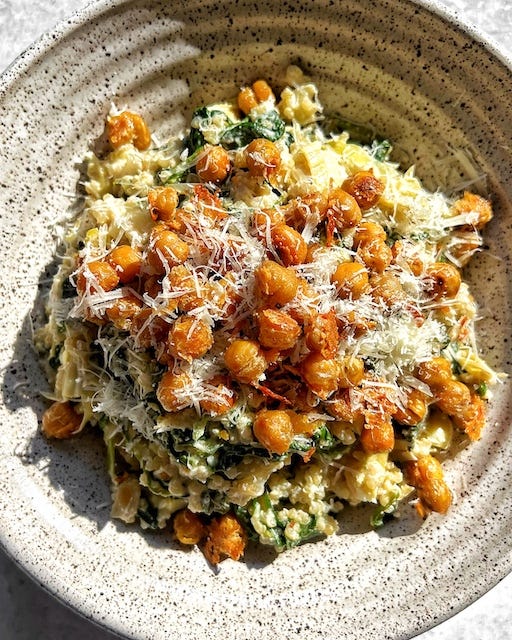 Spinach & Artichoke Dip Quinoa with Crispy Parmesan Chickpeas
