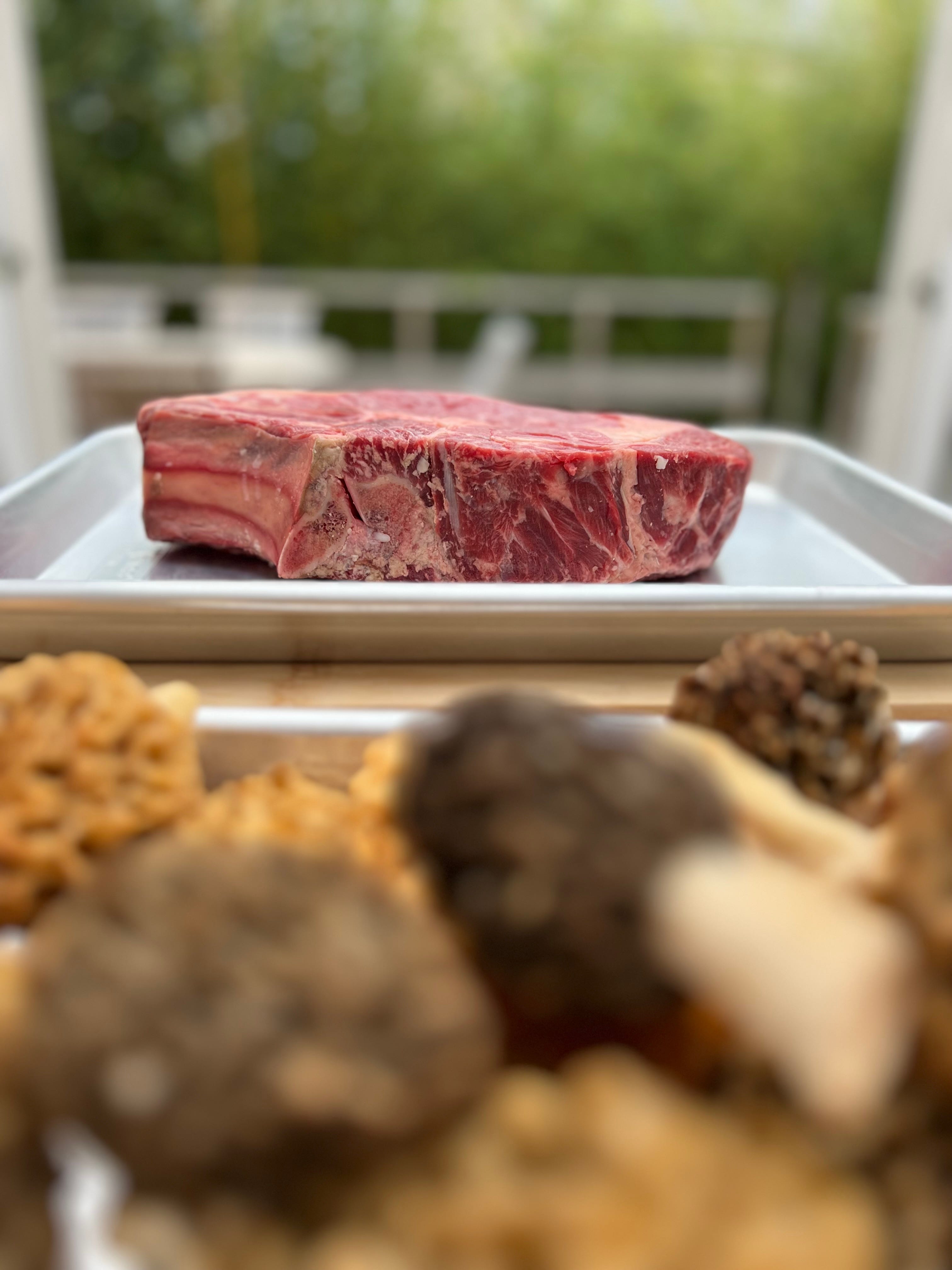 Rib steak with morel mushroom sauce flambéed with cognac and cream.