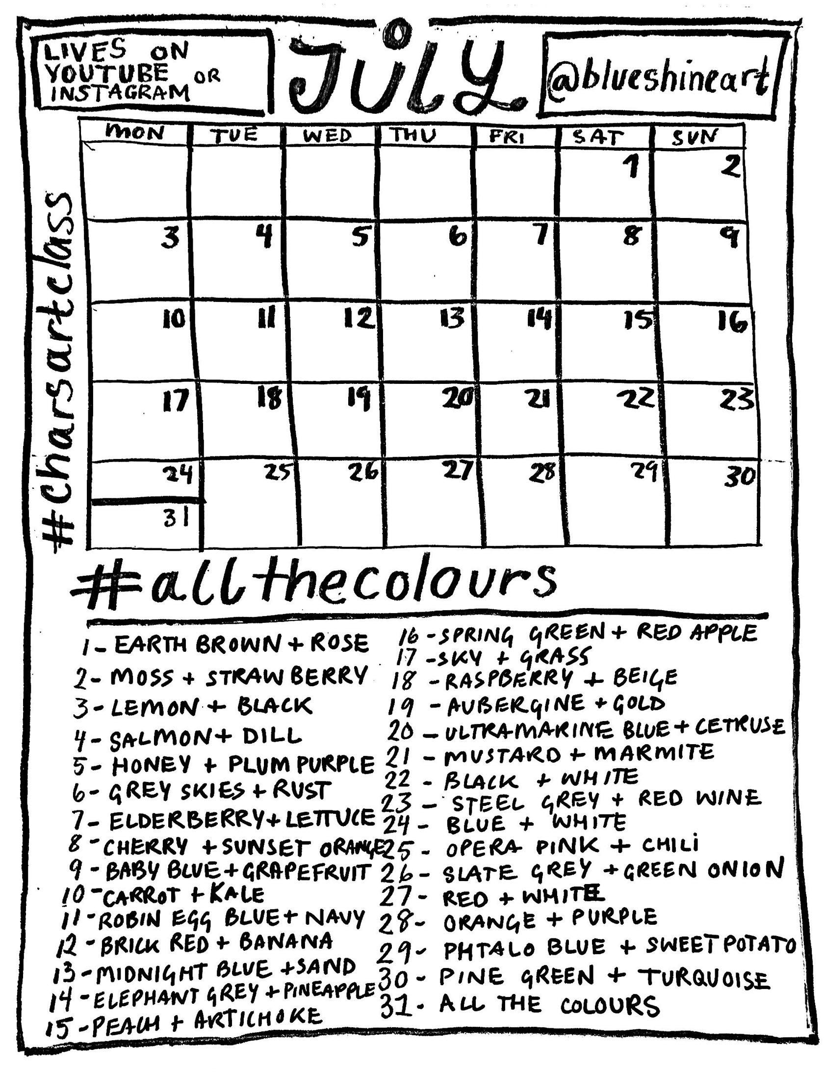 JULY Calendar Art Prompts by Charlotte Hamilton
