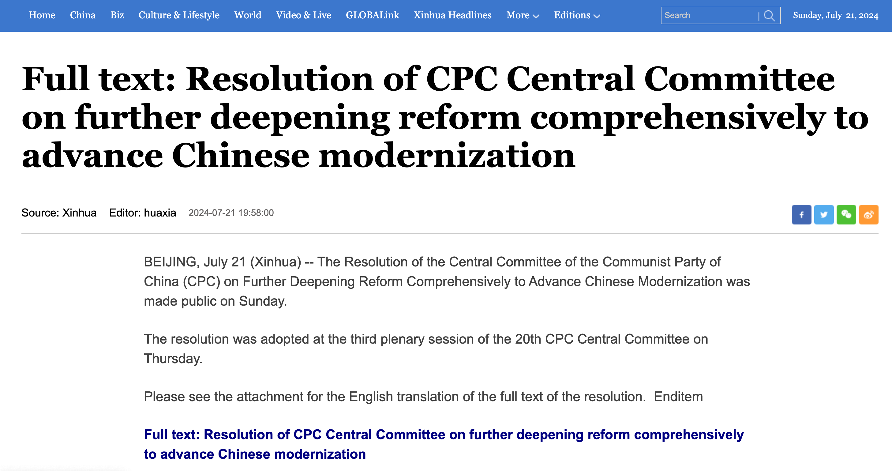 Full Text: Resolution of the Central Committee of the Communist Party ...