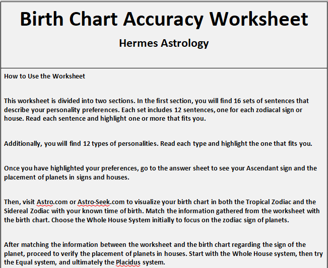 Birthchart Worksheet Birth Chart Accuracy Worksheet FREE with Sub
