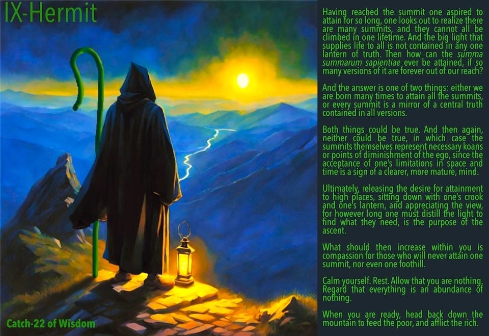 A digital illustration titled 'Hermit Story' by Glenn Wright, depicting a solitary figure in a contemplative pose, evoking themes of The Hanged Man and The Hermit.