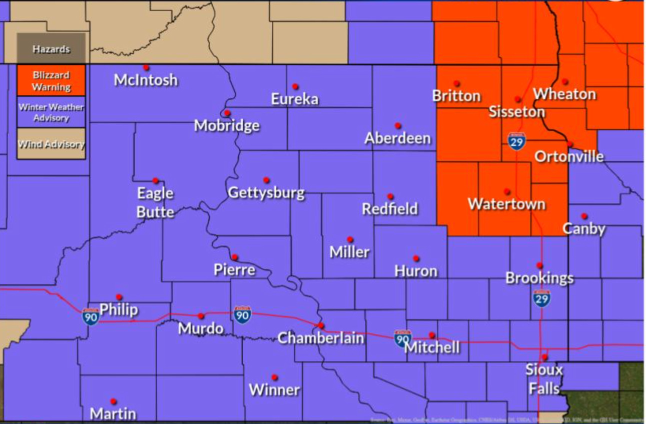 South Dakota state offices to close in eight counties Wednesday because