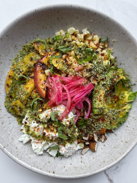 Grilled Peach Corn Summer Bowl by Carina Wolff