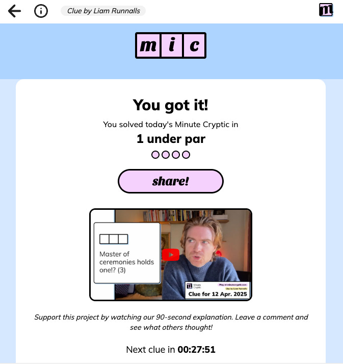 Good Cryptic Message Case Study: Minute Cryptic - by Will from Hold!