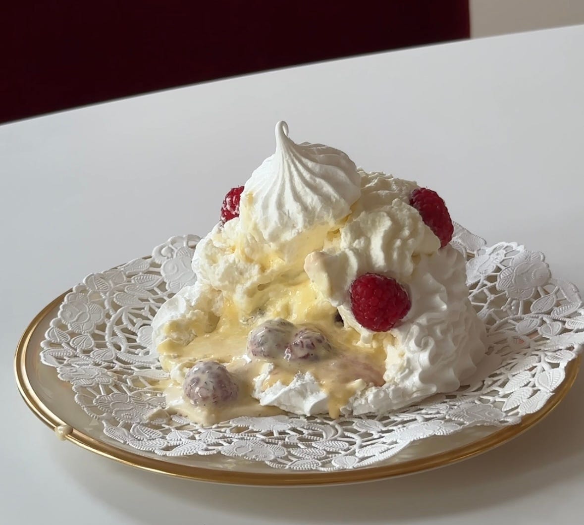 pavlova with raspberry, fig leaf custard, and whipped cream (gf) pavlova with raspberry, fig leaf custard, and whipped cream (gf)