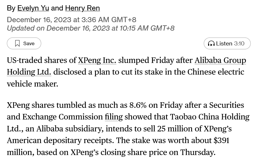 Chinese EV Maker XPeng Plunges After Alibaba Plans Stake Sale