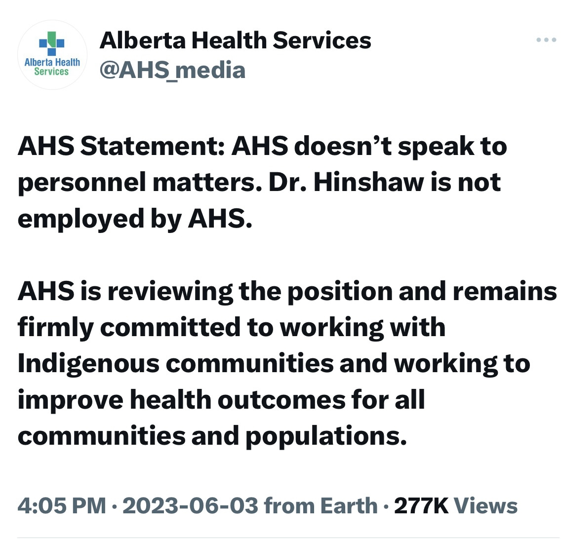 Dr. Deena Hinshaw was, in fact, recently hired by Alberta Health
