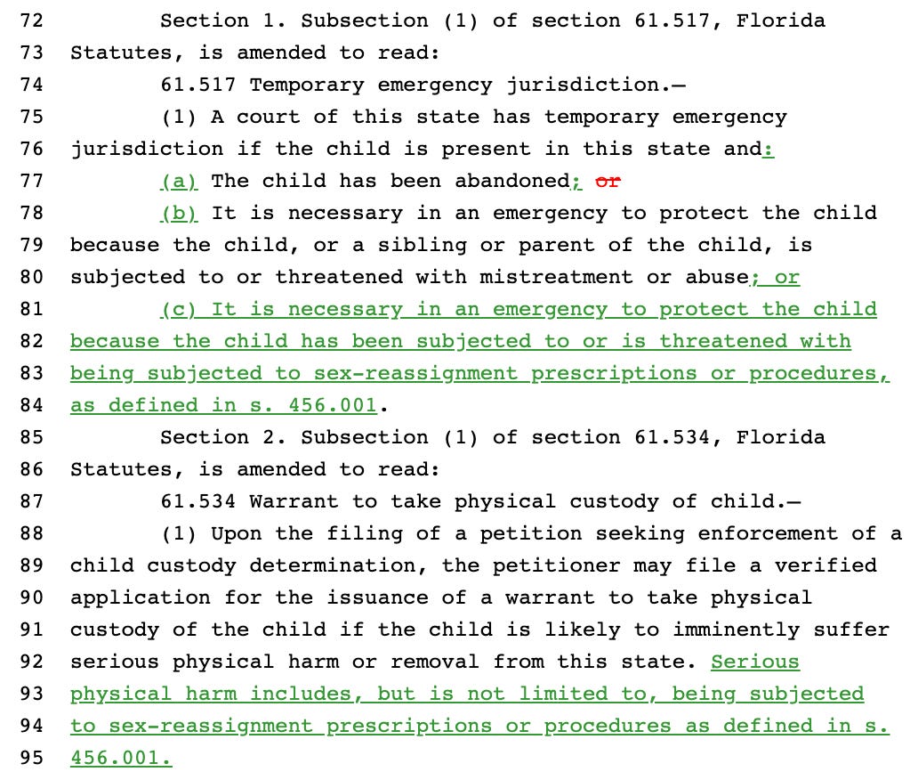 Bill gives florida emergency jurisdiction over trans kids in custody
