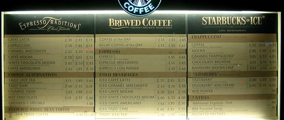 Starbucks shop menu prices