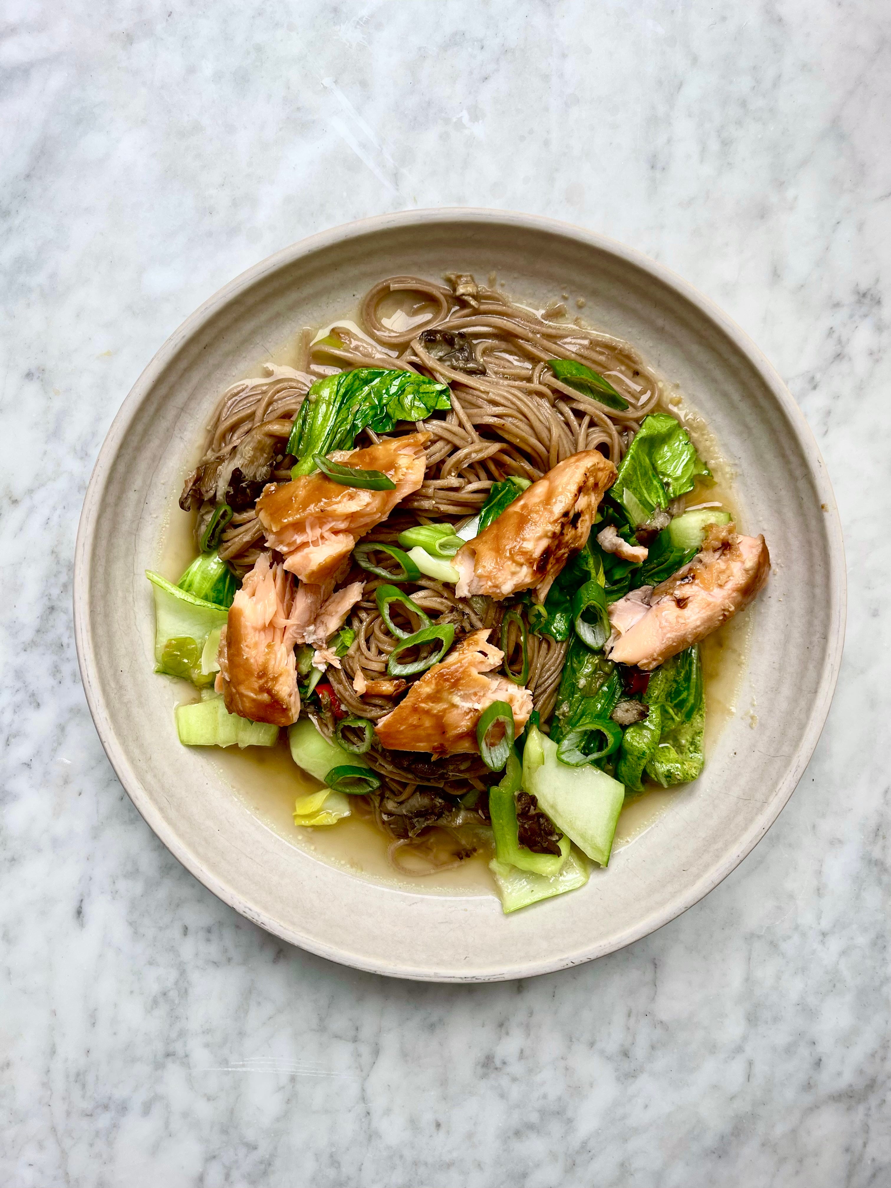 Miso Roasted Salmon with Soba Noodles in Broth