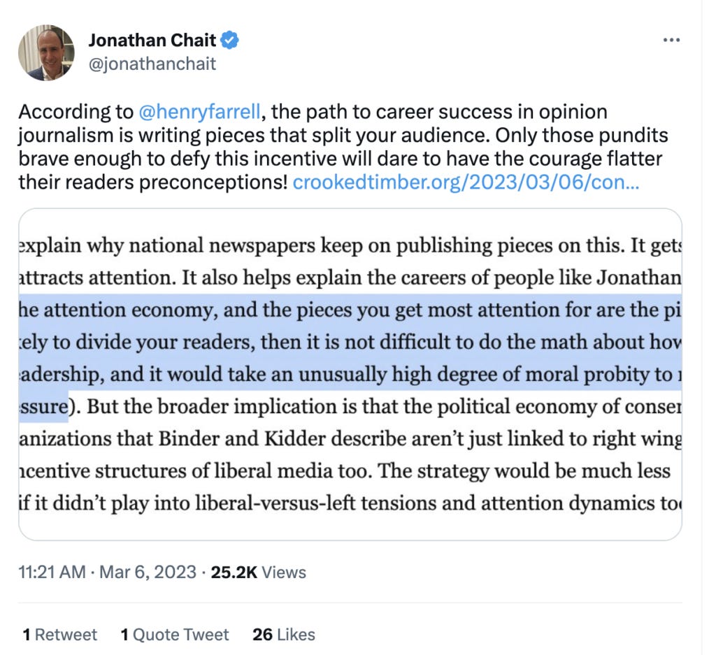 Why Jonathan Chait says outrageous things