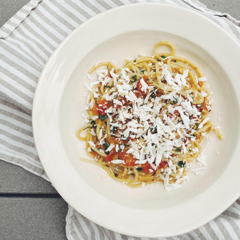 Spaghetti with Spicy Sungold Tomato Sauce and Ricotta Salata