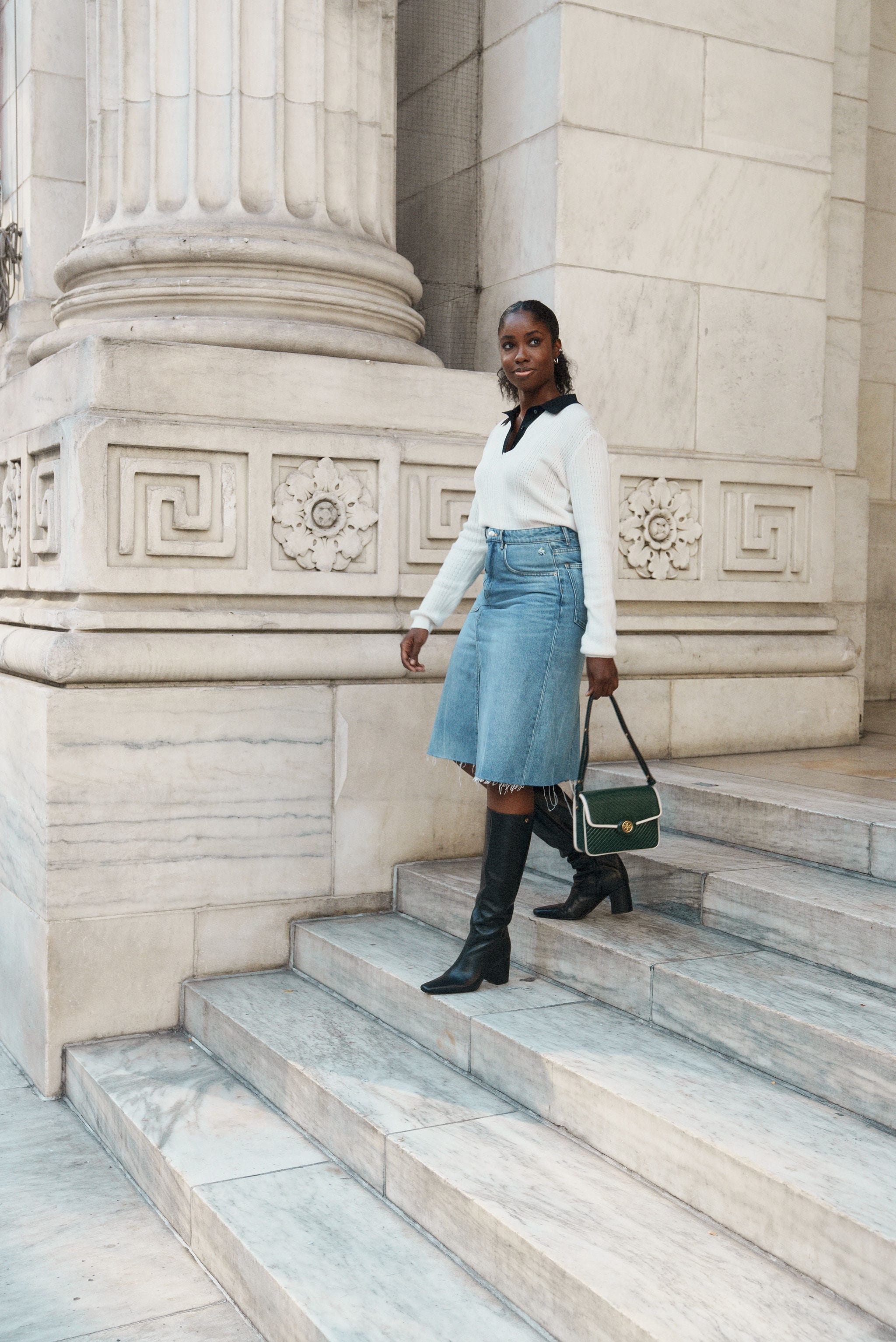 Knee length faded denim skirt online