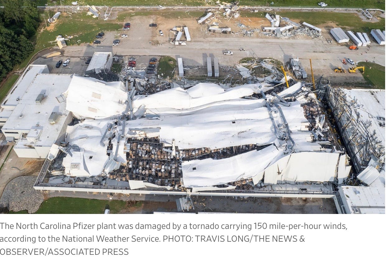 Huge Pfizer plant in North Carolina damaged by tornado