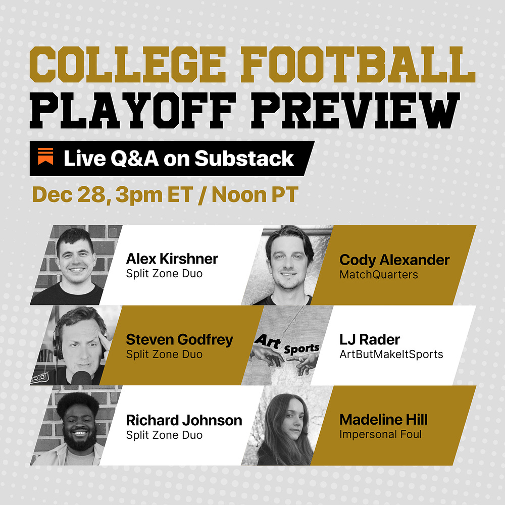 Note by Madeline Hill on Substack: Be sure to tune in today! I have a lot  of CFB playoff gossip and nonsense to discuss…👀