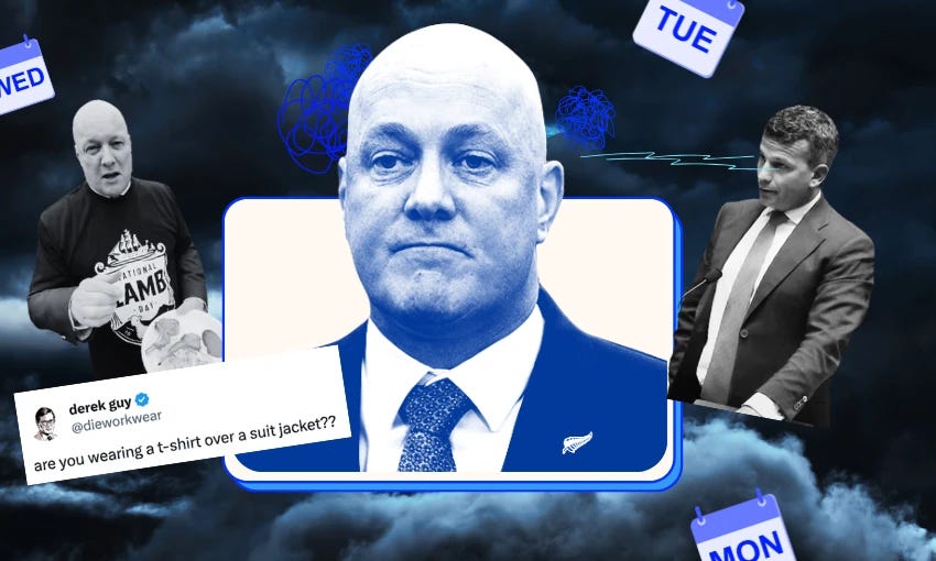 Prime minister Christopher Luxon featured in the centre with a blue tint. Surrounding him are images including Luxon wearing a t-shirt over a suit jacket, David Seymour, calendars showing "Mon" and "Tue," "Wed" and a tweet asking, "are you wearing a t-shirt over a suit jacket??" against a dark, cloudy background.