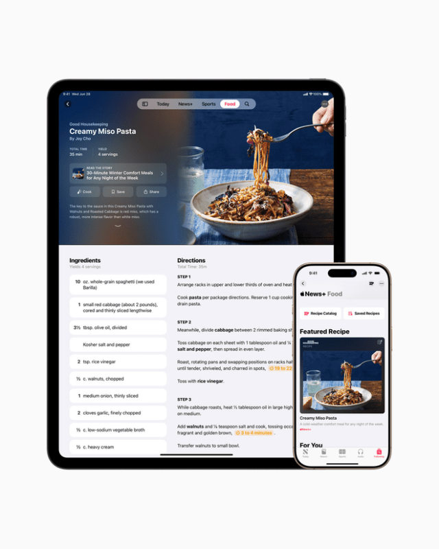 Apple News+ Food will feature tens of thousands of recipes and stories about restaurants, kitchen essentials, and more from the world’s top food publishers.