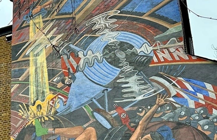 A mural showing a gyrocopter