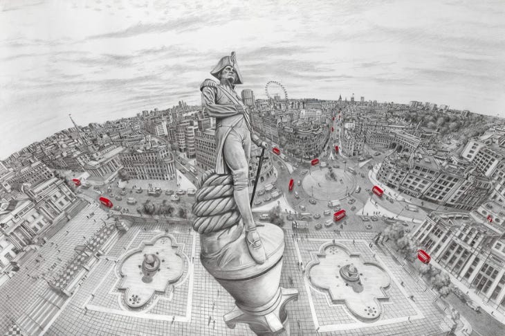 A detailed drawing of Nelson's Column and the streets around Trafalgar Square