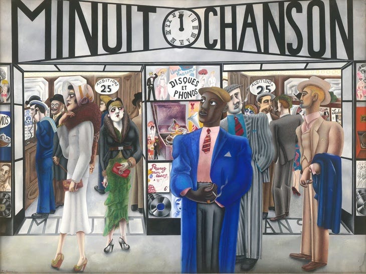 A painting of people outside a 1920 French record shop