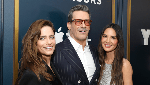 Amanda Peet, Jon Hamm and Olivia Munn attend the global premiere of the upcoming Apple TV+ series “Your Friends & Neighbors” at the Directors Guild of America.