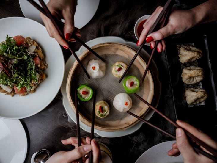 Dim sum being tucked into