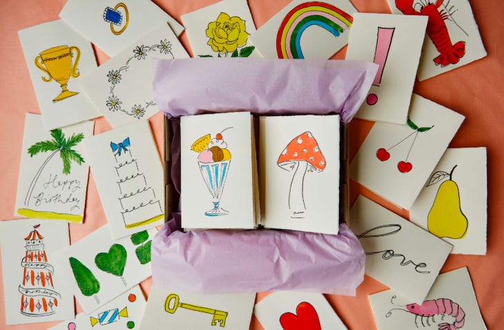 A display of colourful illustrated cards