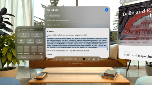 With Writing Tools, Apple Vision Pro users can rewrite, proofread, and summarize text nearly everywhere they write, including Mail.