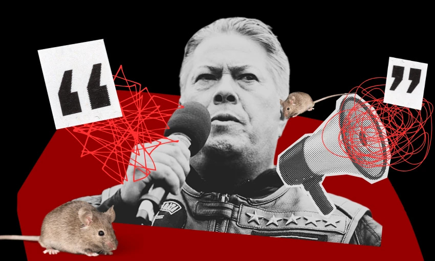 A grayscale image showing Brian Tamaki in a jacket speaking into a microphone. Surrounding him are red abstract scribbles, large quotation marks, a megaphone with a spiral design and two tiny mice. The background is a black and red geometric shape.