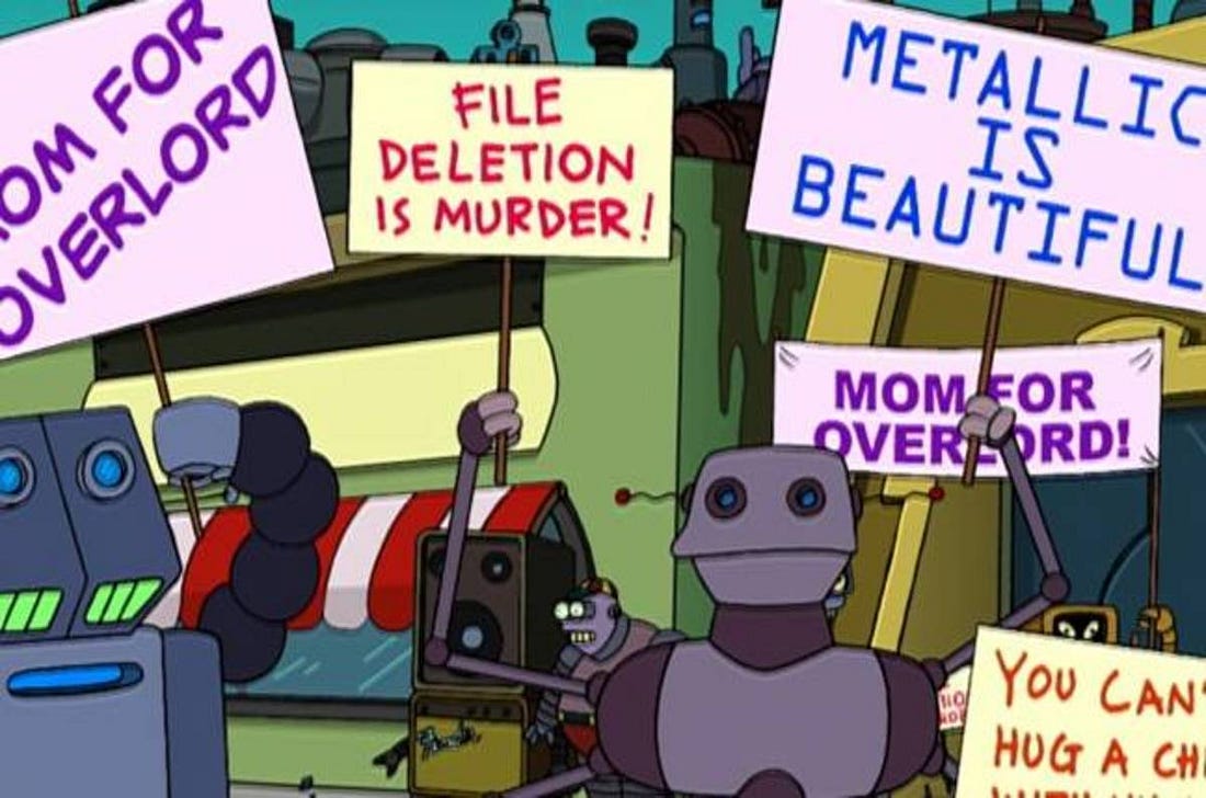 Robots saying "Mom for overlord" is uncomfortably close to leopards eating faces