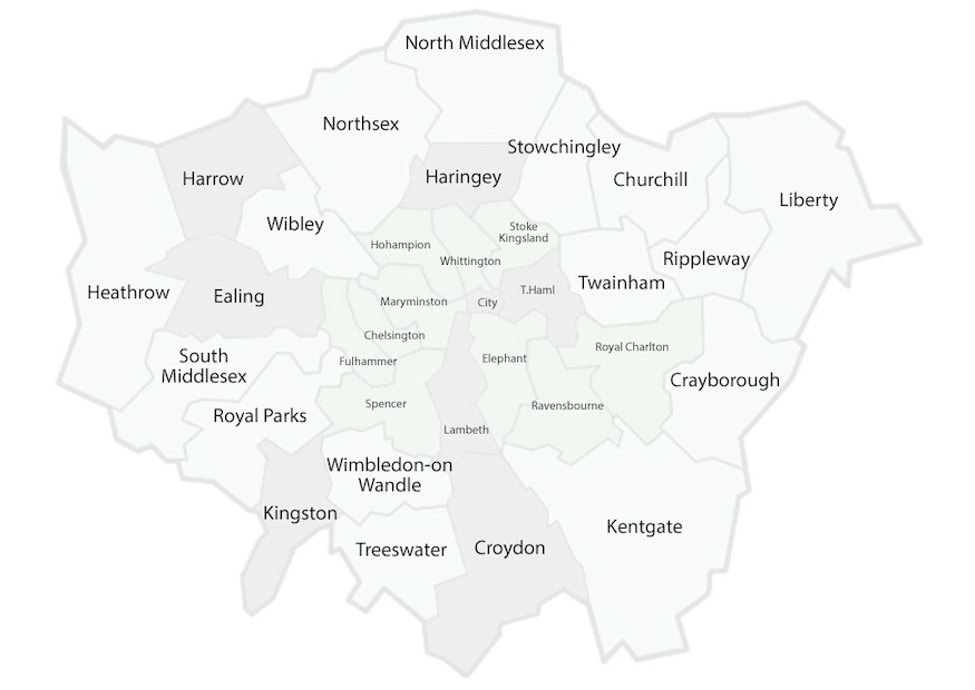 A map showing alternative names proposed for the 32 London boroughs. Today, they'd probably carry sponsor names.