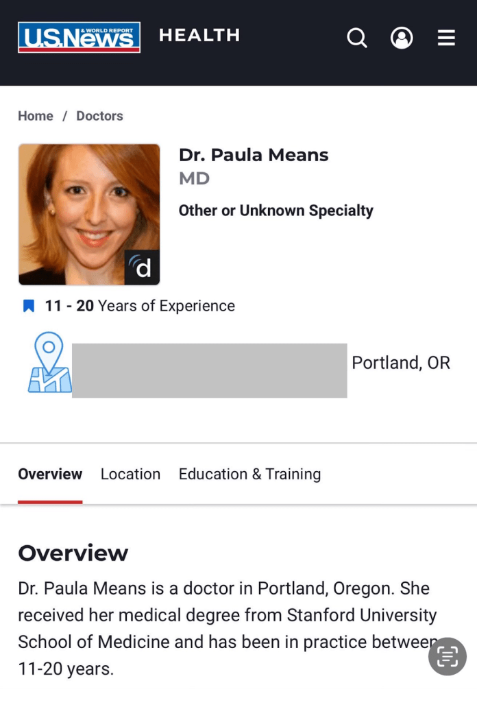 Screenshot of U.S. News Health profile listing Casey Means as “Dr. Paula Means,” highlighting her original name and prior public credentials.
