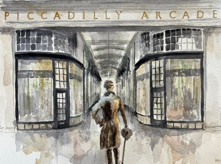 A watercolour of Piccadilly Arcade