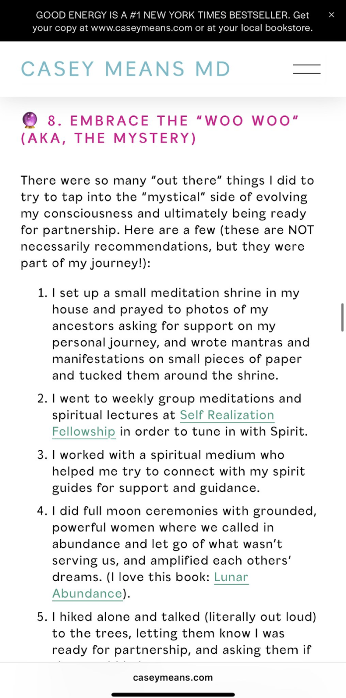 Screenshot of Casey Means’ Good Energy newsletter describing rituals such as visions, plant medicine, manifestation, and spiritual communication.