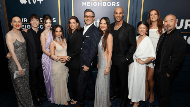 Lena Hall, Donovan Colan, Isabel Gravitt, Aimee Carrero, Amanda Peet, Jon Hamm, Olivia Munn, Mark Tallman, Eunice Bae, Anna Osceola and Hoon Lee attend the global premiere of the upcoming Apple TV+ series “Your Friends & Neighbors" at the Directors Guild of America.