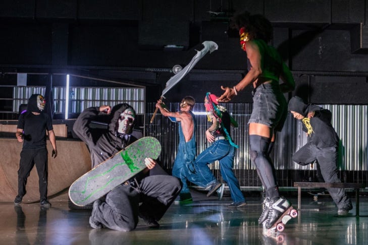 People wearing masks, skateboarding
