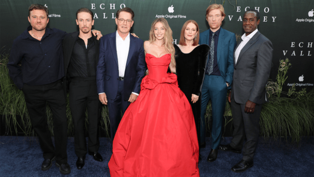 Michael Pearce, Edmund Donovan, Kyle MacLachlan, Sydney Sweeney, Julianne Moore, Domnhall Gleeson and Albert Jones attend the Apple Original Films' premiere of “Echo Valley” at AMC Lincoln Square in New York. “Echo Valley” premieres globally on Apple TV+ on Friday, June 13, 2025.