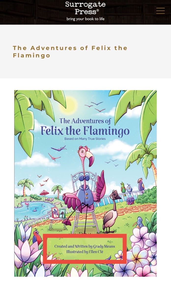 Screenshot of children’s book The Adventures of Felix the Flamingo by Grady Means, featuring content on gender dysphoria and identity exploration.