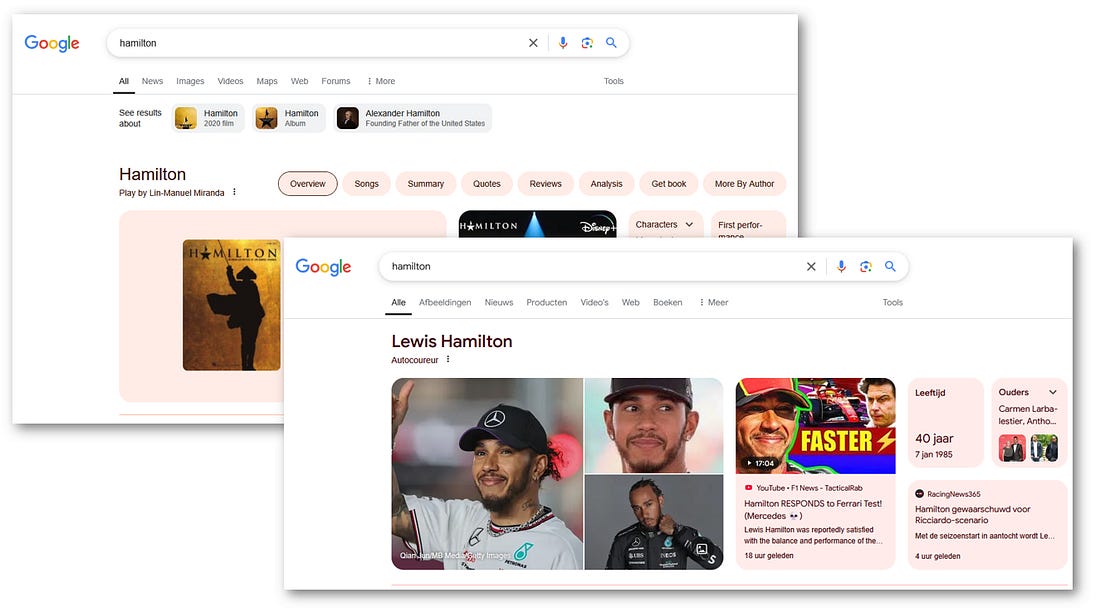 Google search results for Hamilton the musical and Hamilton the F1 driver