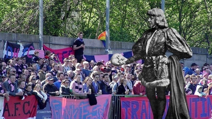 Dulwich fans in pink cheer on their team, while a black-and-white Hamlet stands in the foreground. This may have been photoshopped