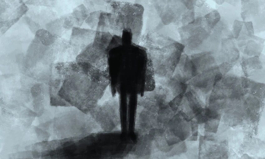 A silhouette of a figure and its shadow, alone in front of an abstract background of dark brush strokes