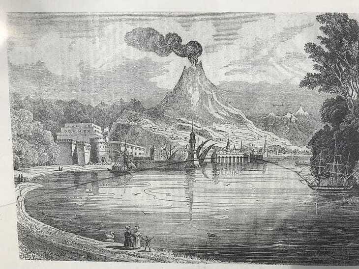An old etching of a volcano