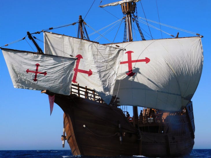 Christopher Columbus ship London: A ship with billowing sails with red crosses on them